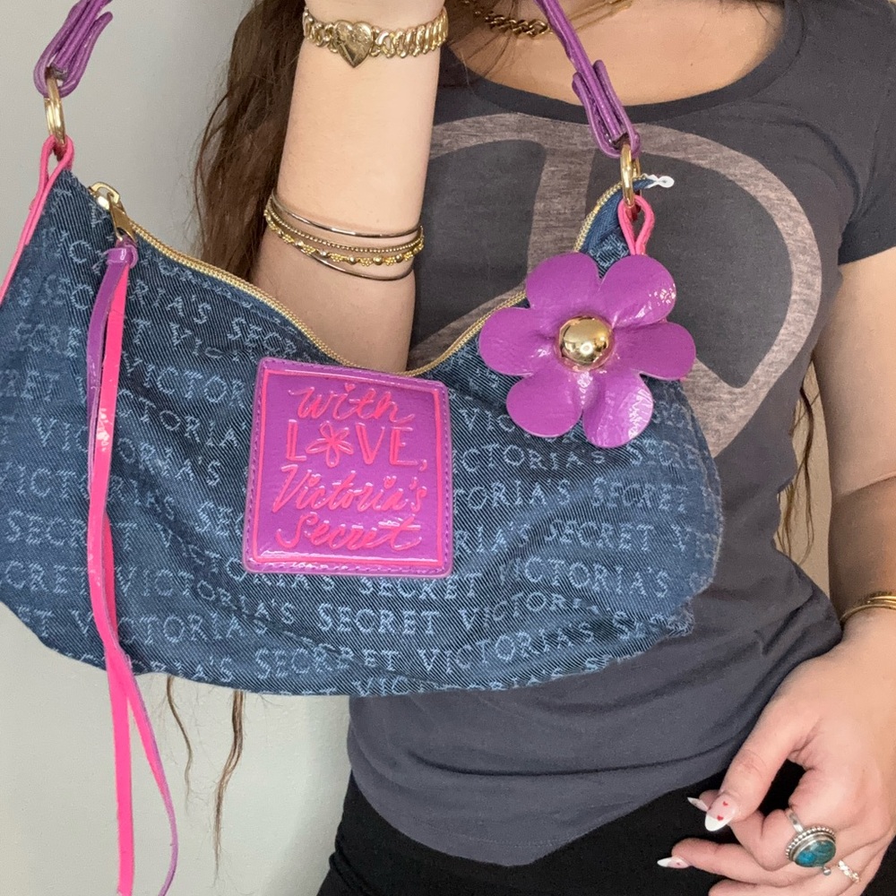 Y2K Victoria’s Secret Denim & Purple Logo Shoulder Bag W/Flower from the 2000’s
